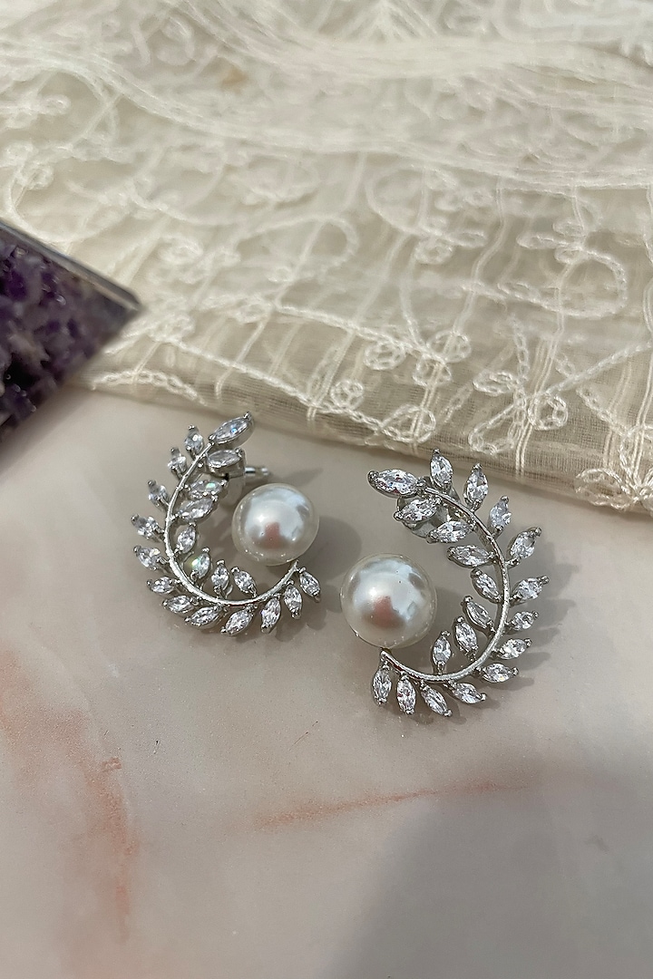 White Finish Zircon & Pearl Stud Earrings by Autumn Poppy at Pernia's Pop Up Shop