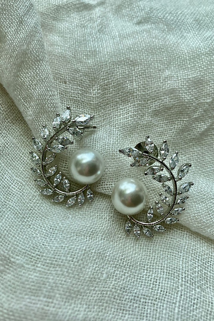 White Finish Zircon & Pearl Stud Earrings by Autumn Poppy at Pernia's Pop Up Shop