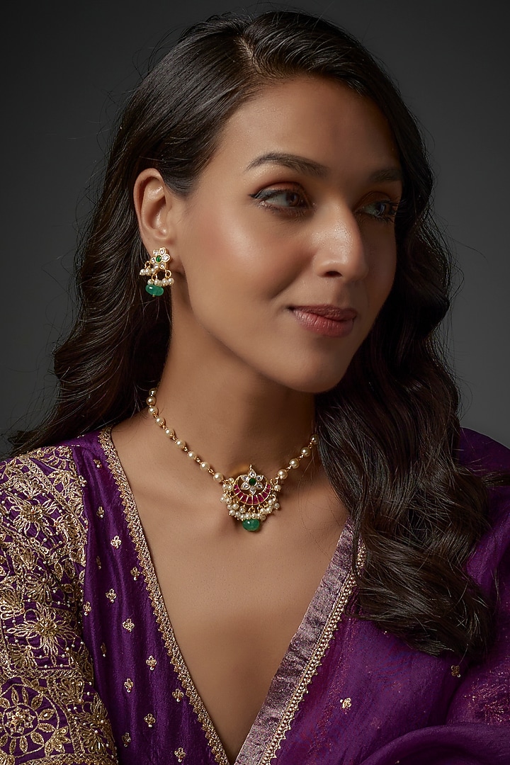 Gold Plated Floral Kundan Polki Necklace Set by Autumn Poppy at Pernia's Pop Up Shop