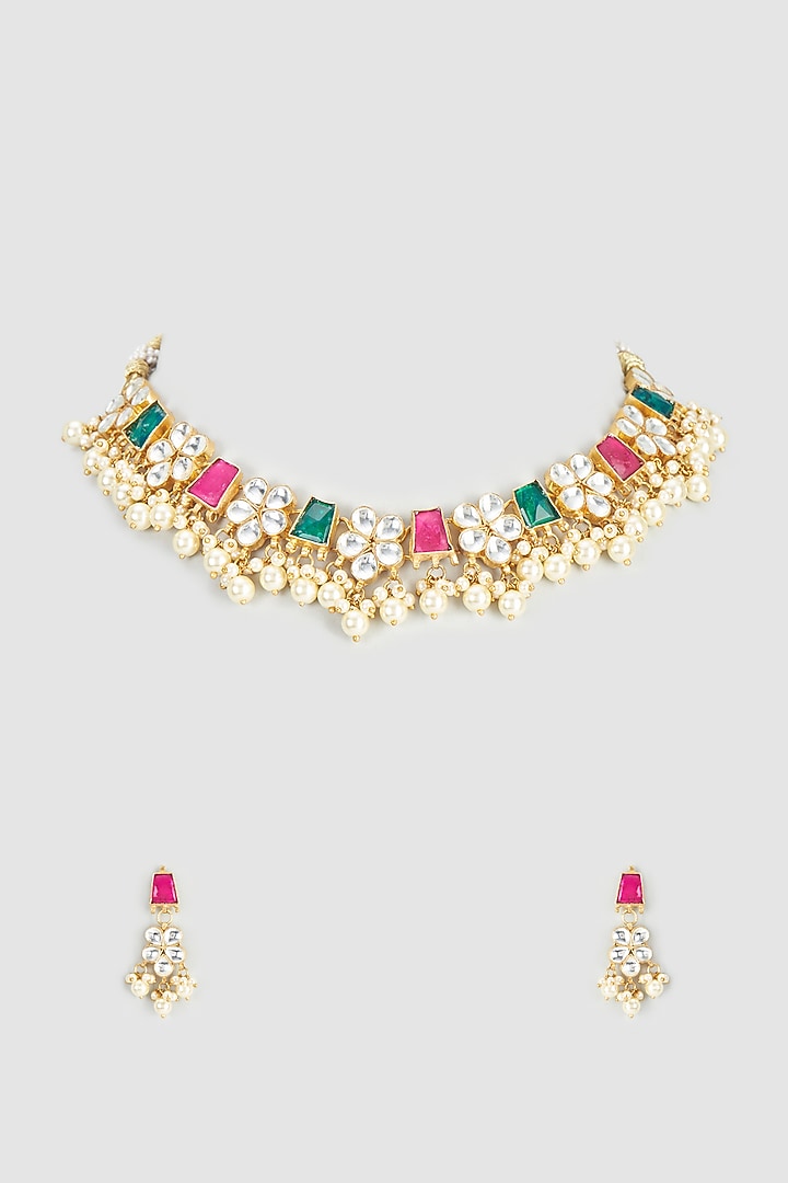 Gold Plated Kundan Polki Choker Necklace Set by Autumn Poppy at Pernia's Pop Up Shop