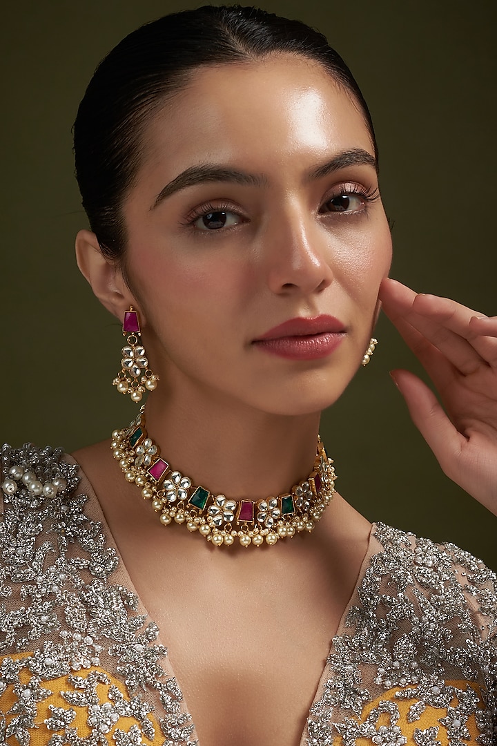 Gold Plated Kundan Polki Choker Necklace Set by Autumn Poppy at Pernia's Pop Up Shop