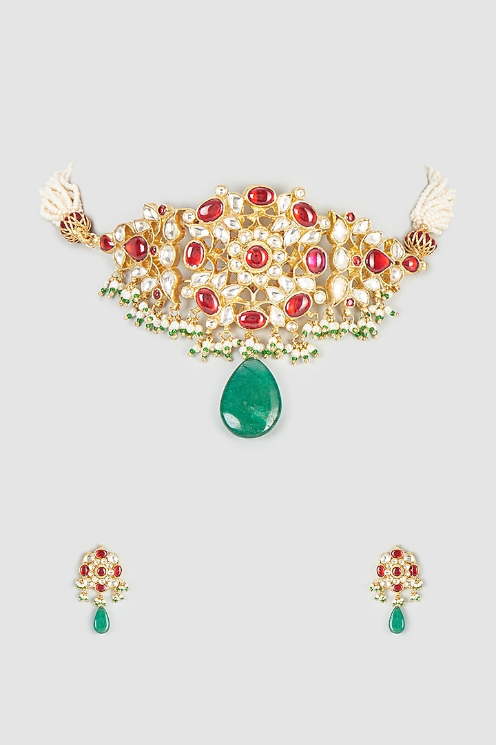 Gold Plated Kundan Polki Handcrafted Necklace Set by Autumn Poppy at Pernia's Pop Up Shop