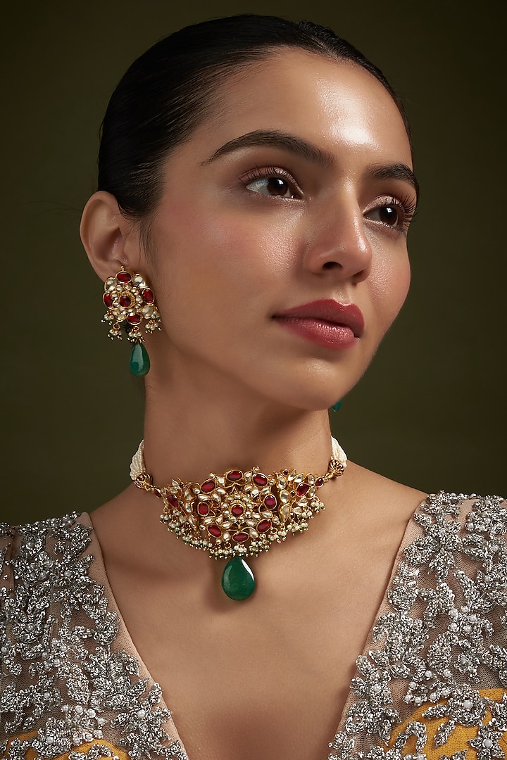 Gold Plated Kundan Polki Handcrafted Necklace Set by Autumn Poppy at Pernia's Pop Up Shop