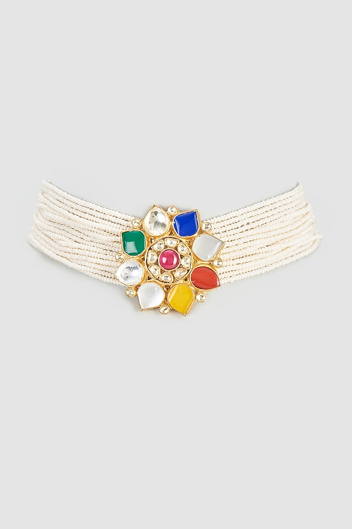 Gold Plated Multi-Colored Stone & Pearl Choker Necklace by Autumn Poppy at Pernia's Pop Up Shop