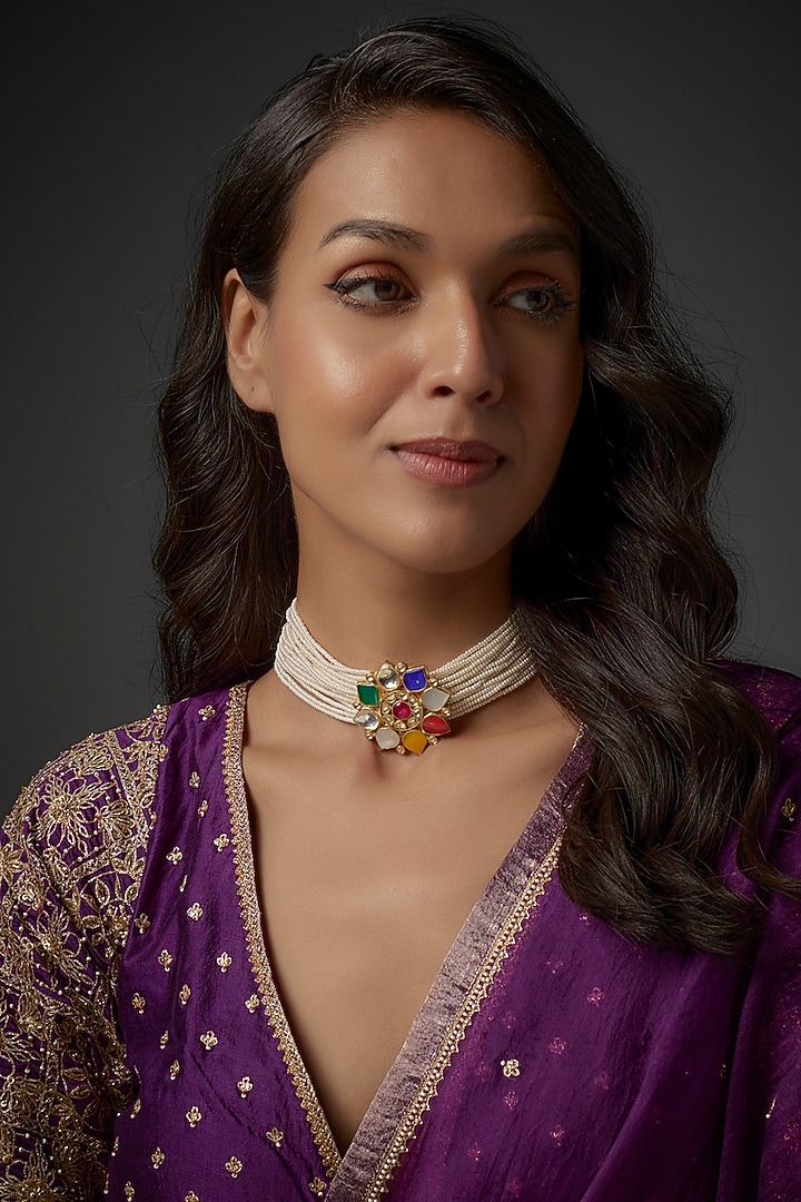 Gold Plated Multi-Colored Stone & Pearl Choker Necklace by Autumn Poppy at Pernia's Pop Up Shop