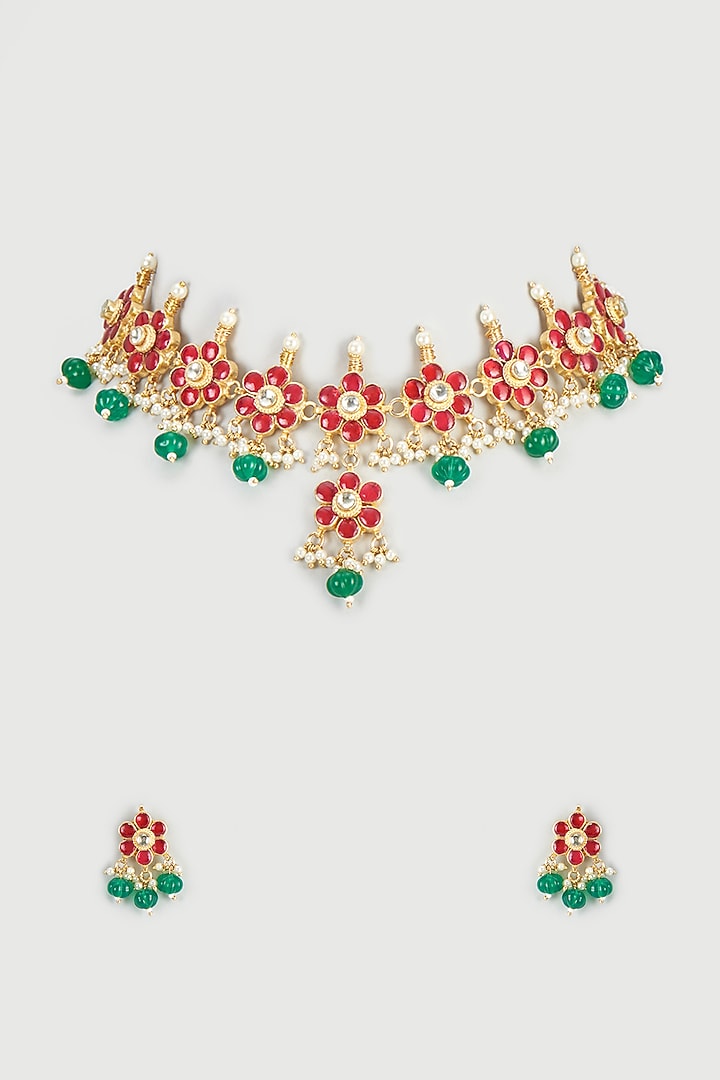 Gold Plated Ruby & Emerald Stone Choker Necklace Set by Autumn Poppy at Pernia's Pop Up Shop