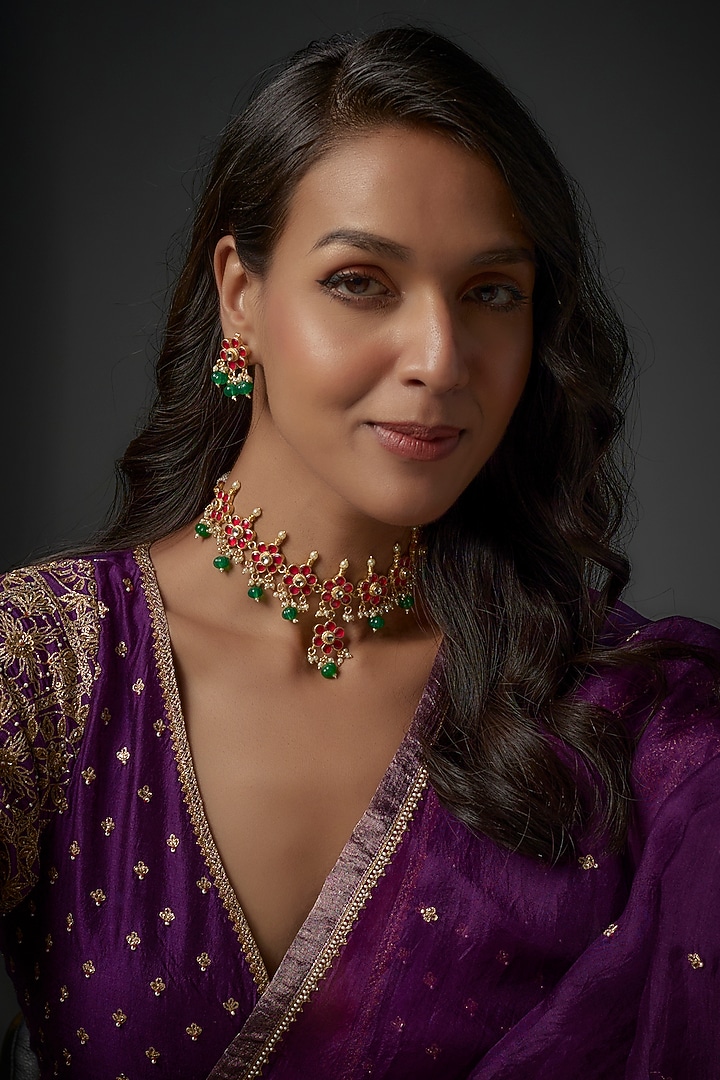 Gold Plated Ruby & Emerald Stone Choker Necklace Set by Autumn Poppy at Pernia's Pop Up Shop
