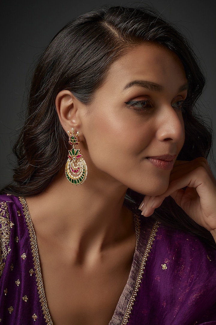 Gold Plated Emerald & Kundan Chandbali Earrings by Autumn Poppy at Pernia's Pop Up Shop
