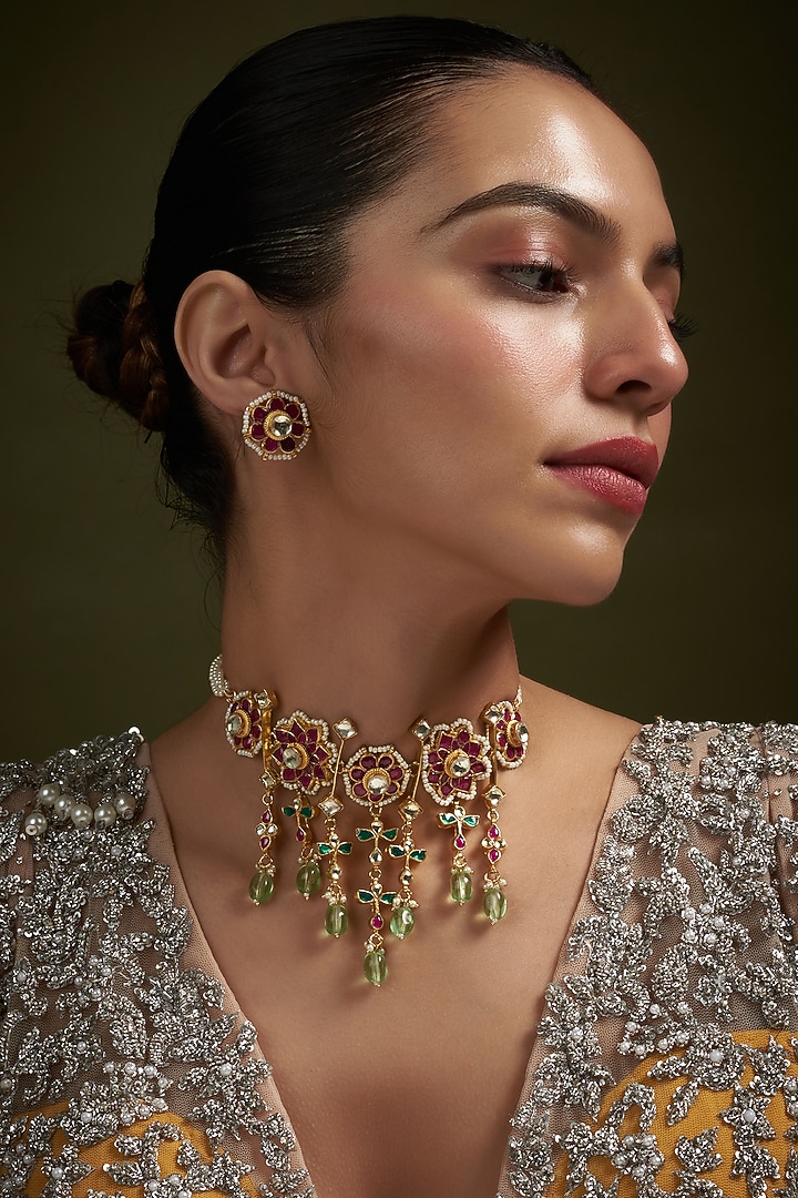 Gold Plated Kundan Polki Choker Necklace Set by Autumn Poppy at Pernia's Pop Up Shop