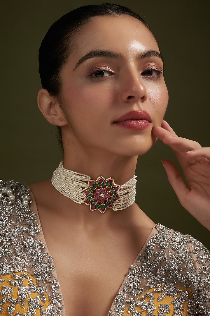 Gold Plated Pearl & Emerald Choker Necklace by Autumn Poppy at Pernia's Pop Up Shop