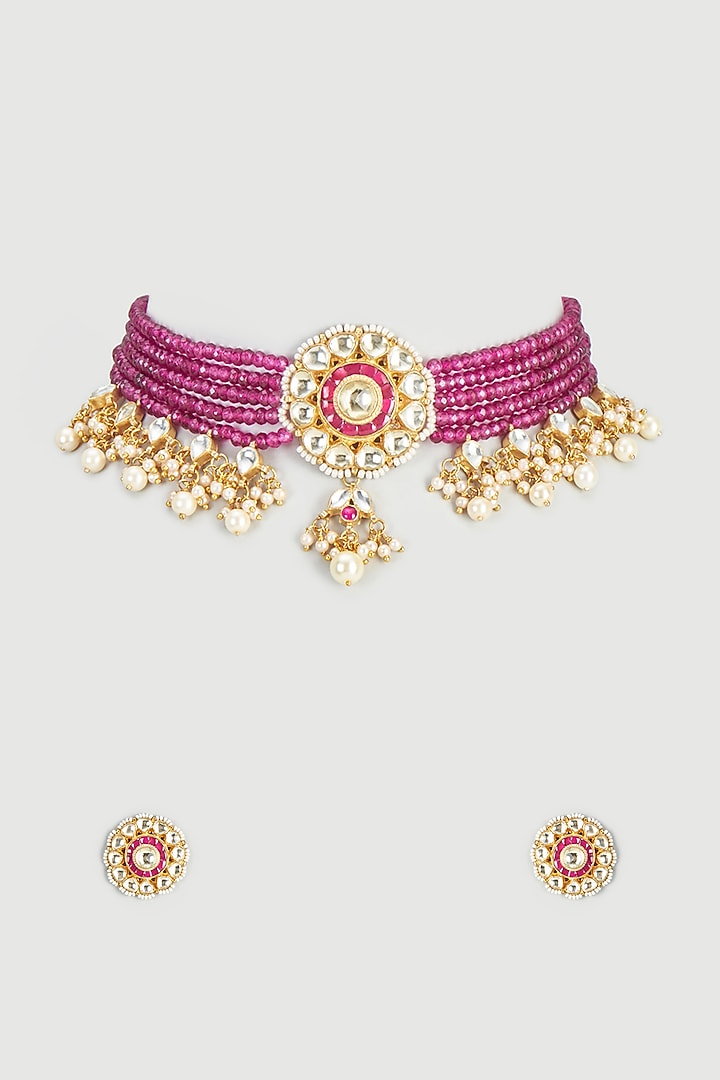 Gold Plated Ruby & Kundan Polki Choker Necklace Set by Autumn Poppy at Pernia's Pop Up Shop