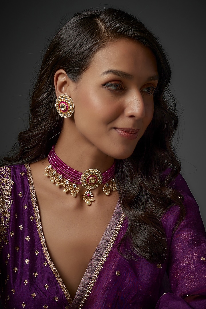Gold Plated Ruby & Kundan Polki Choker Necklace Set by Autumn Poppy at Pernia's Pop Up Shop