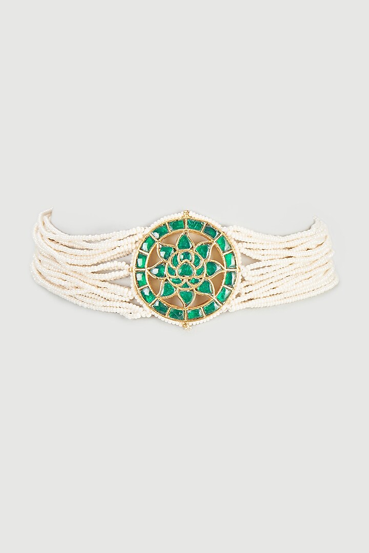 Gold Plated Pearl & Emerald Choker Necklace by Autumn Poppy at Pernia's Pop Up Shop