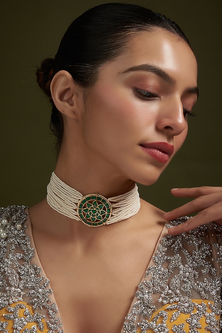 Gold Plated Pearl & Emerald Choker Necklace by Autumn Poppy at Pernia's Pop Up Shop