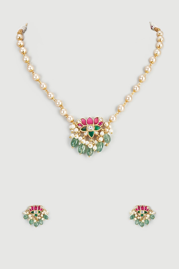 Gold Plated Kundan & Pearl Necklace Set by Autumn Poppy at Pernia's Pop Up Shop