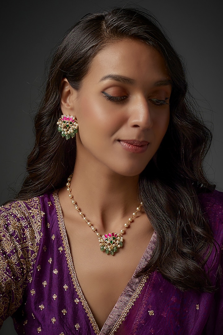 Gold Plated Kundan & Pearl Necklace Set by Autumn Poppy at Pernia's Pop Up Shop