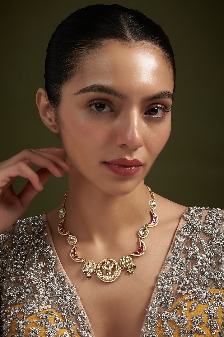Gold Plated Floral Kundan & Pearl Necklace by Autumn Poppy at Pernia's Pop Up Shop