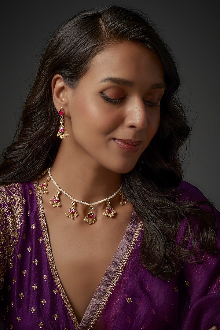 Gold Plated Pink Stone Necklace Set by Autumn Poppy at Pernia's Pop Up Shop