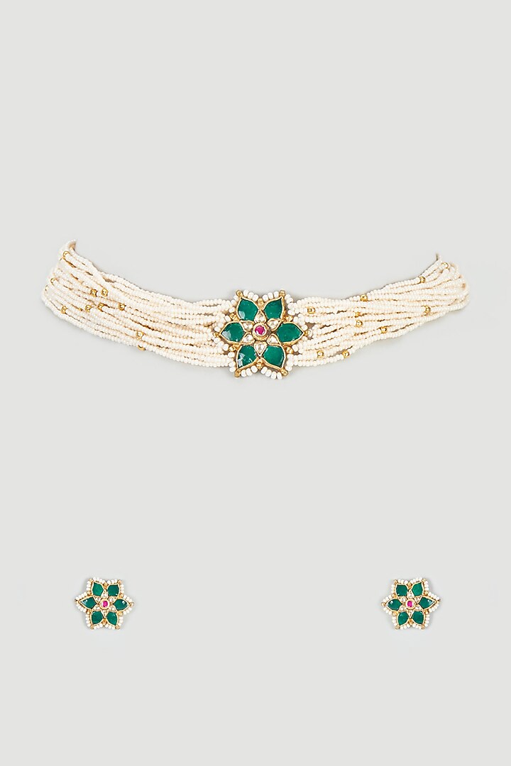 Gold Plated Kundan & Pearl Choker Necklace Set by Autumn Poppy at Pernia's Pop Up Shop