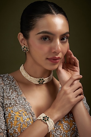 Gold Plated Kundan & Pearl Choker Necklace Set by Autumn Poppy