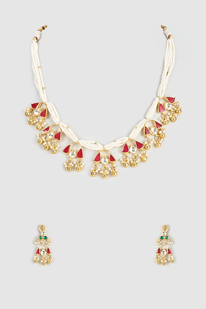 Gold Plated Kundan & Pearl Choker Necklace Set by Autumn Poppy at Pernia's Pop Up Shop
