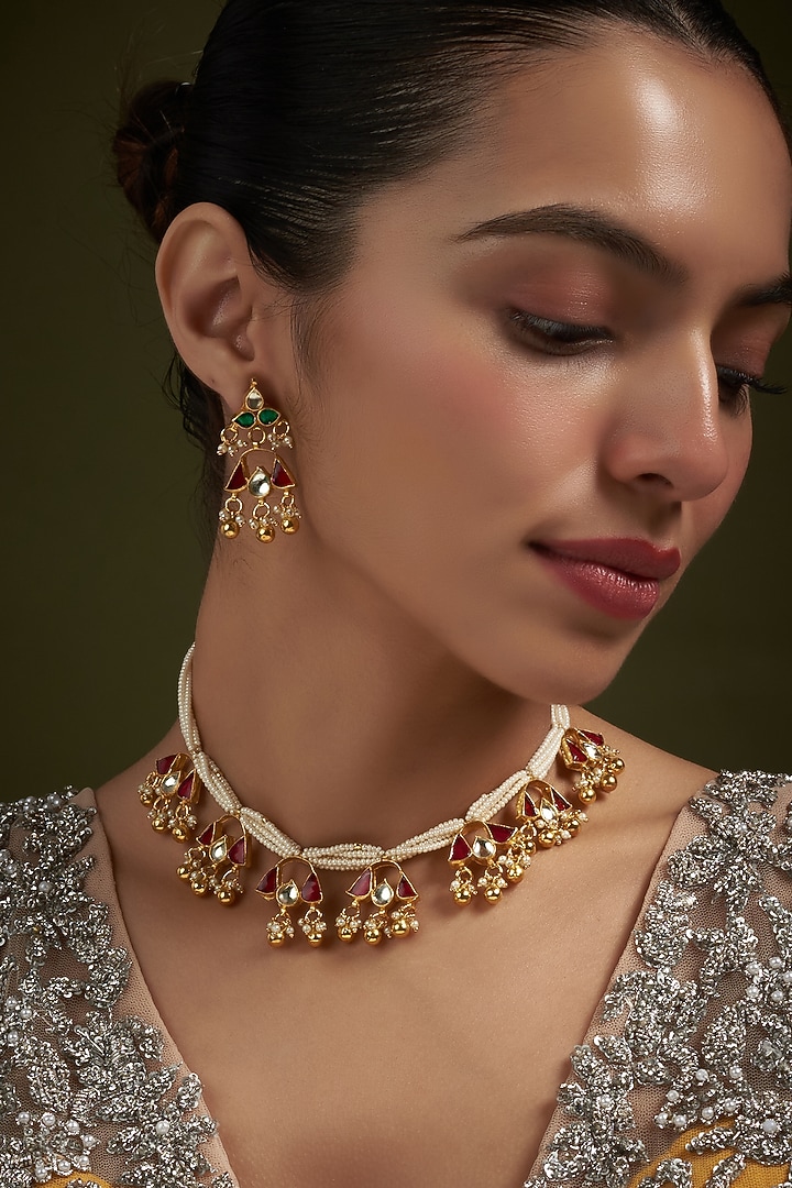 Gold Plated Kundan & Pearl Choker Necklace Set by Autumn Poppy at Pernia's Pop Up Shop