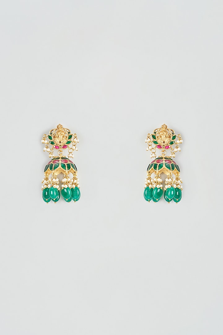 Gold Plated Kundan & Emerald Jhumka Earrings by Autumn Poppy at Pernia's Pop Up Shop