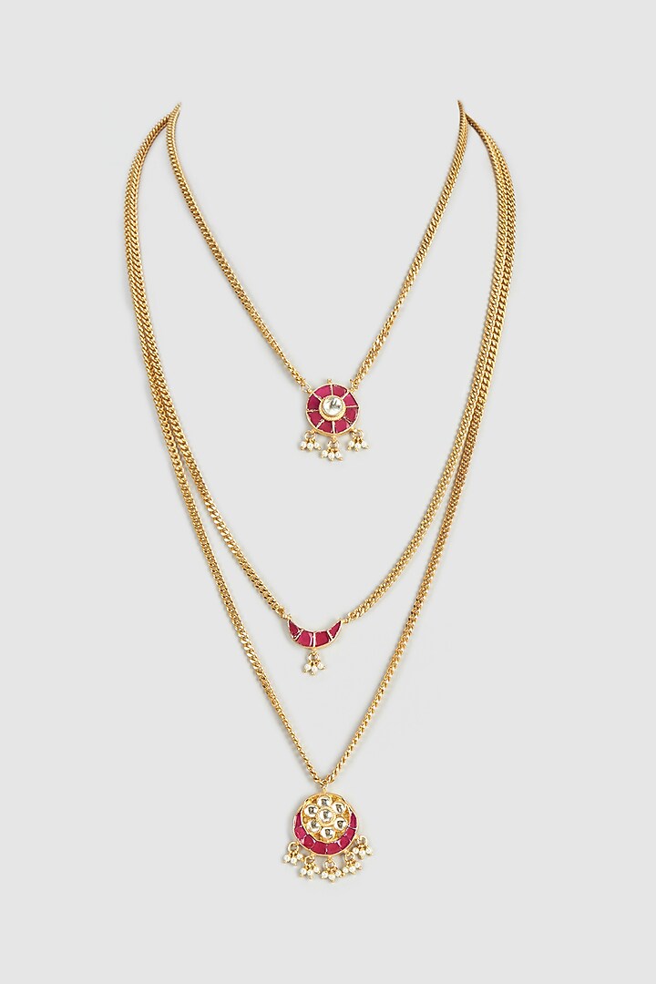 Gold Plated Kundan & Red Stone Layered Necklace by Autumn Poppy at Pernia's Pop Up Shop