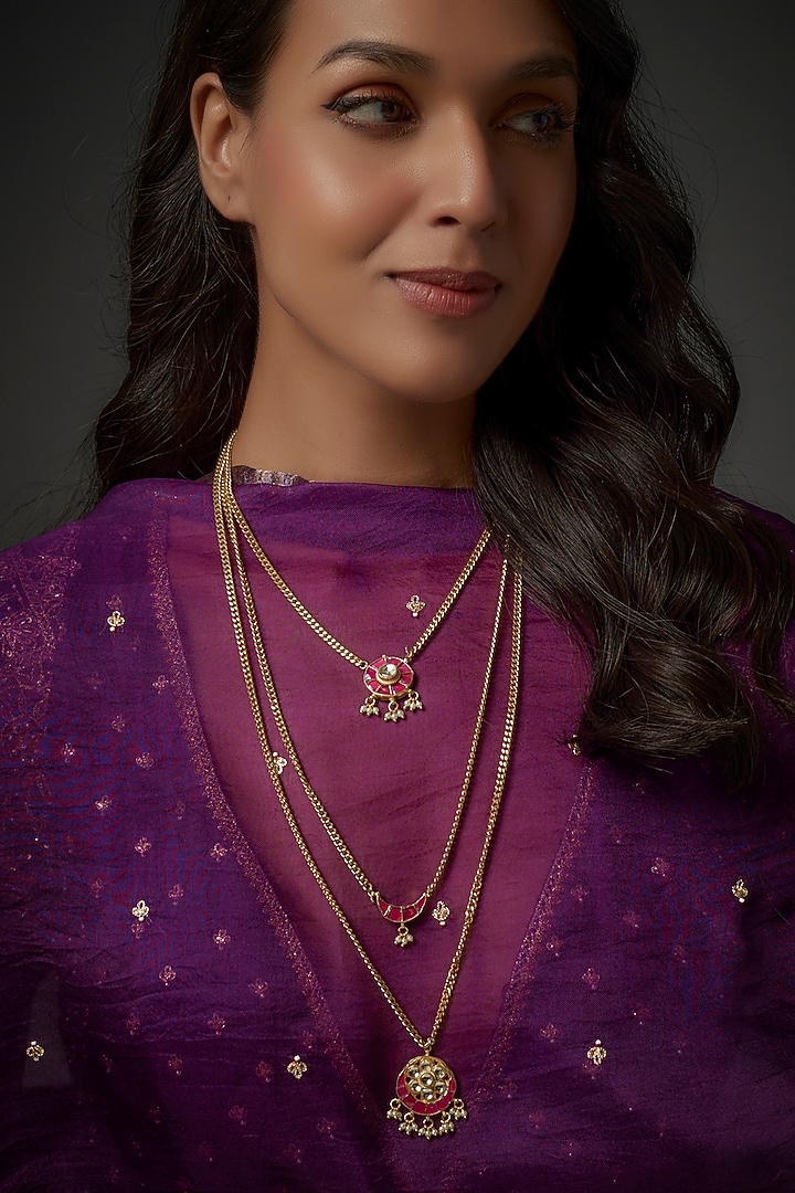 Gold Plated Kundan & Red Stone Layered Necklace by Autumn Poppy at Pernia's Pop Up Shop