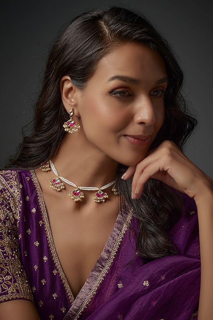 Gold Plated Kundan & Pearl Choker Necklace Set by Autumn Poppy at Pernia's Pop Up Shop