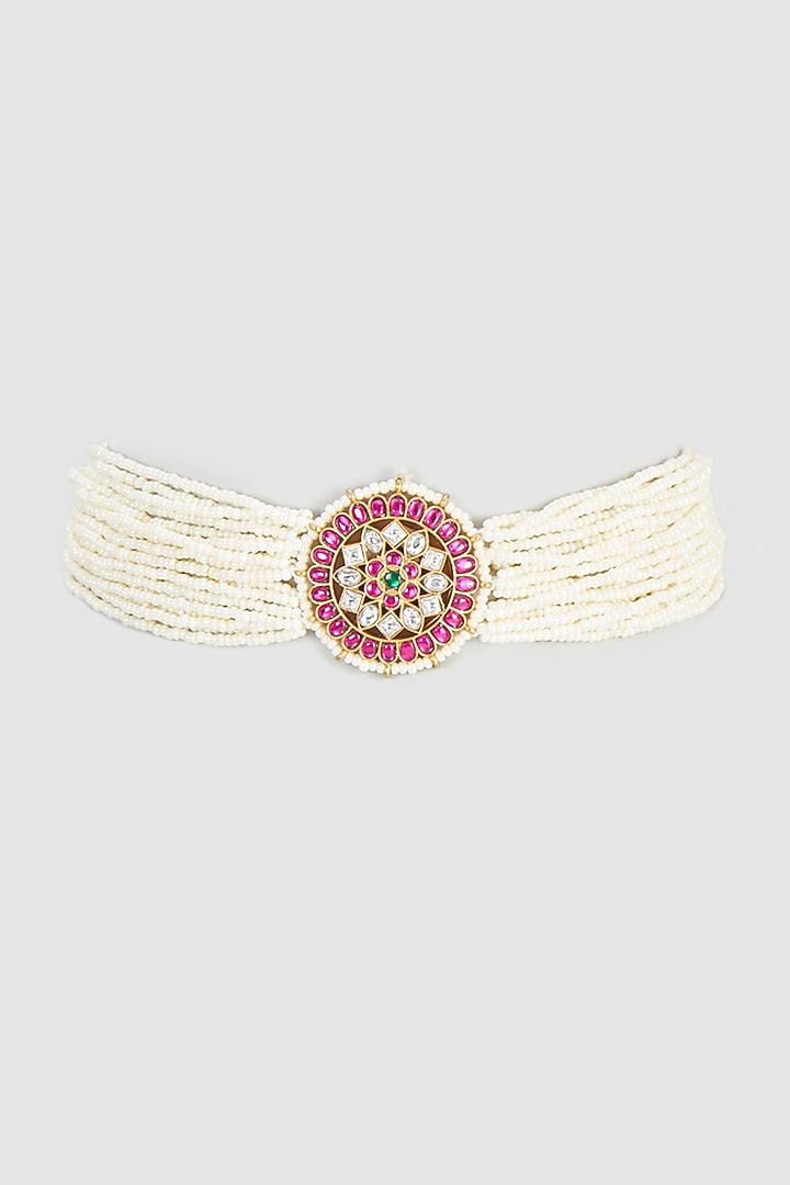 Gold Plated Pearl & Ruby Stone Choker Necklace by Autumn Poppy at Pernia's Pop Up Shop