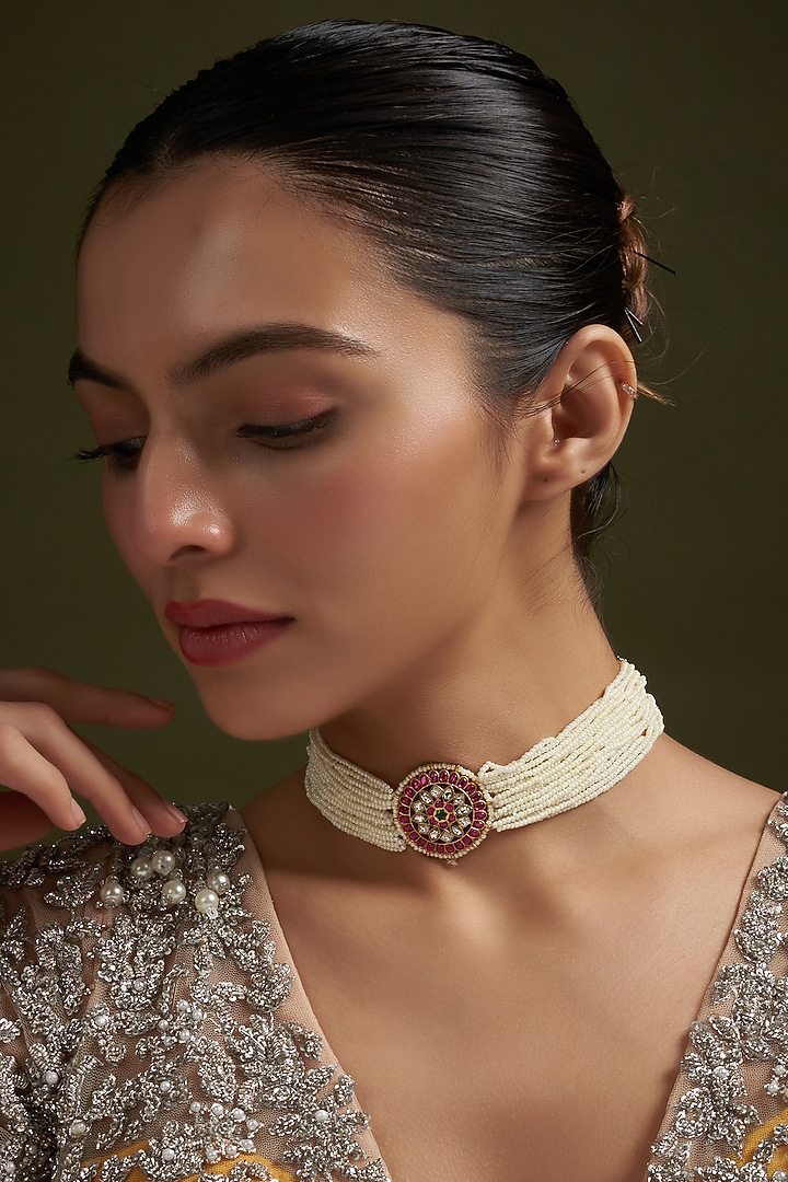 Gold Plated Pearl & Ruby Stone Choker Necklace by Autumn Poppy at Pernia's Pop Up Shop