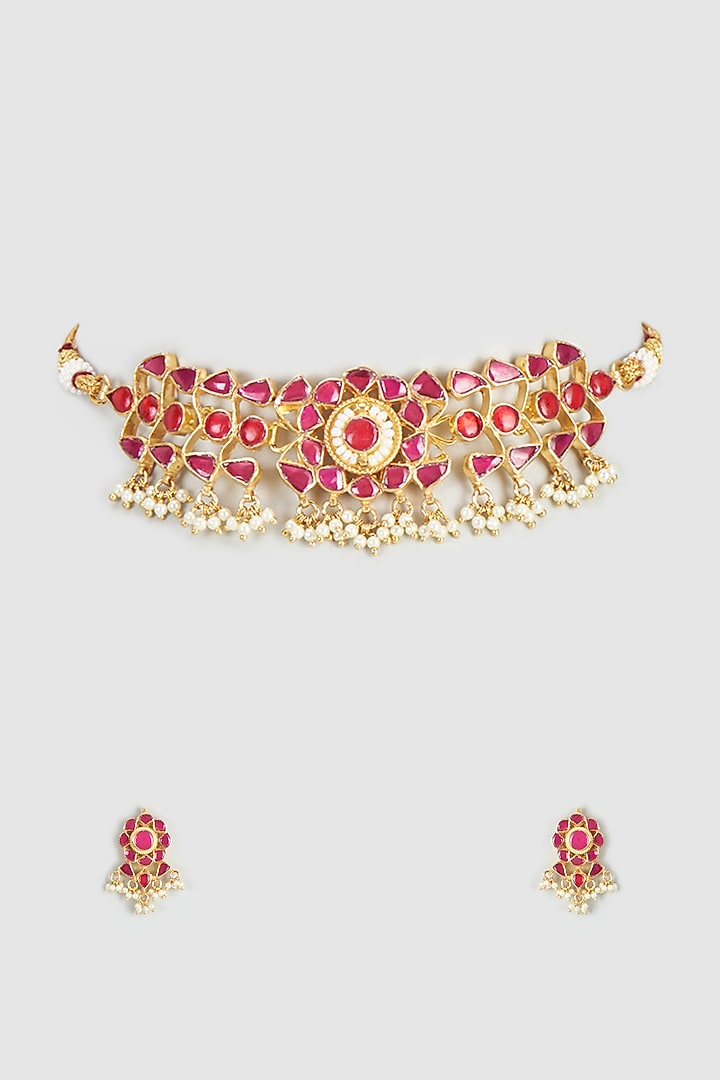 Gold Plated Red Stone & Kundan Choker Necklace Set by Autumn Poppy at Pernia's Pop Up Shop