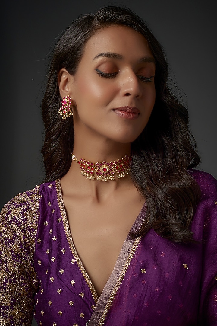 Gold Plated Red Stone & Kundan Choker Necklace Set by Autumn Poppy at Pernia's Pop Up Shop