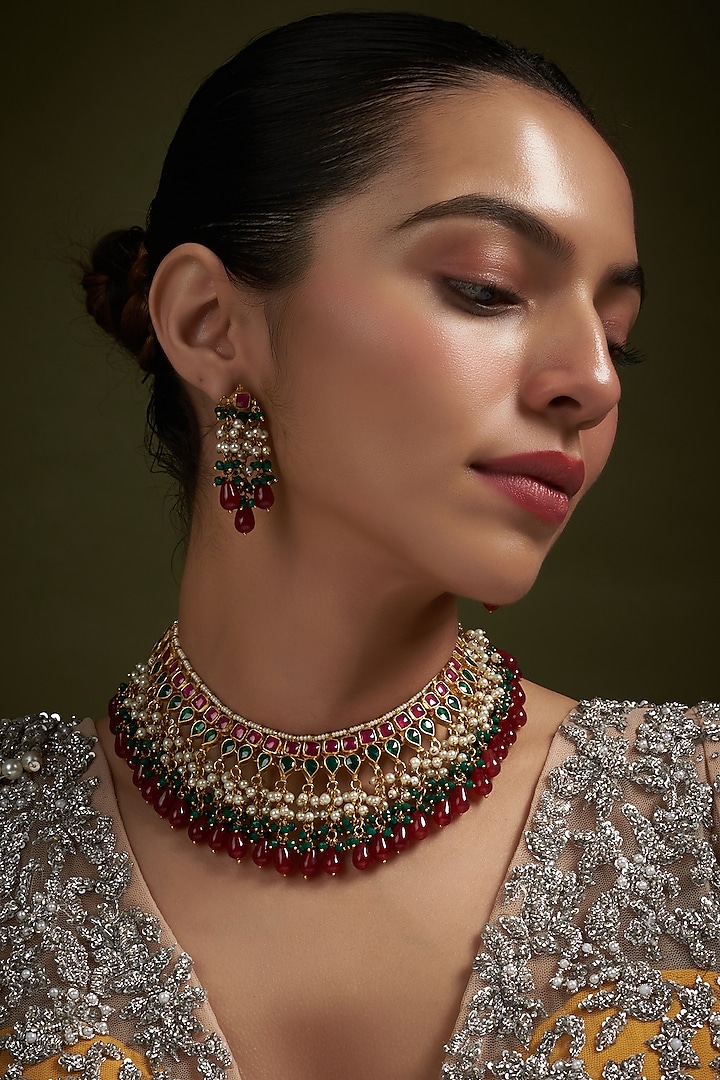 Gold Plated Kundan Polki Choker Necklace Set by Autumn Poppy at Pernia's Pop Up Shop