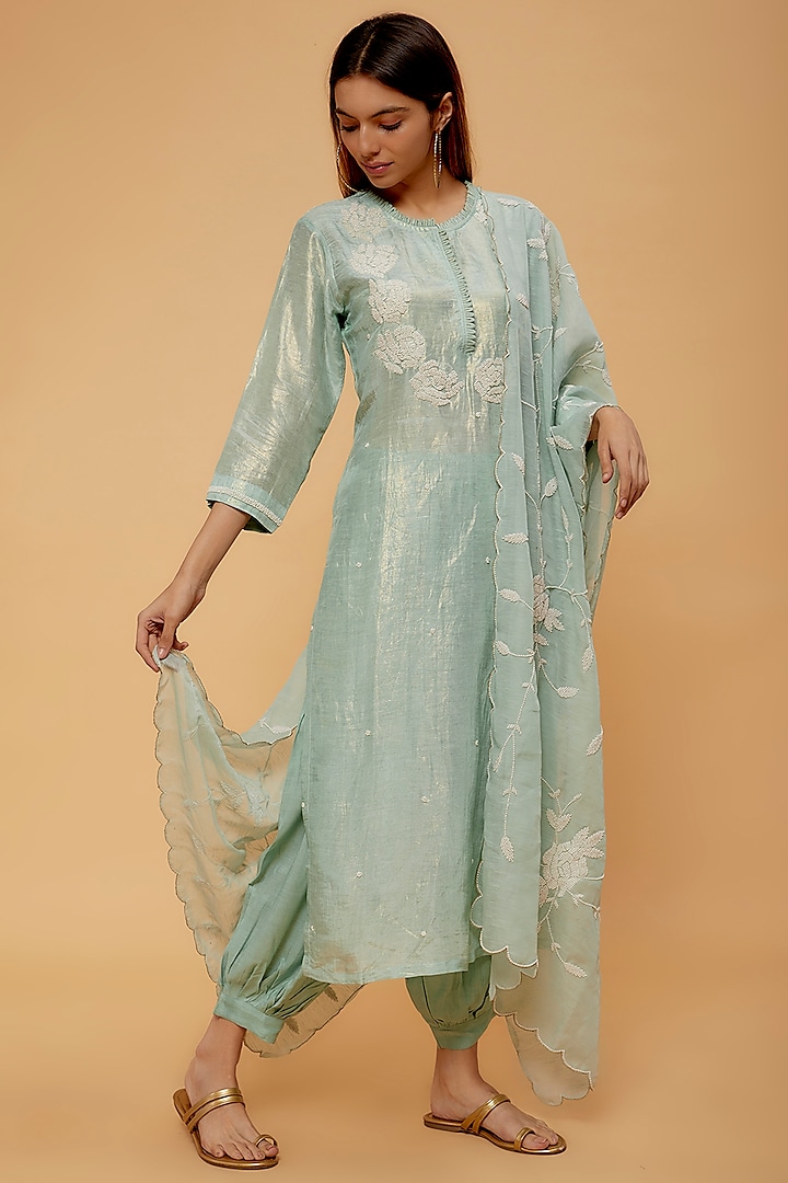 Blue Jute Georgette Embroidered Kurta Set by Aura Kreations at Pernia's Pop Up Shop