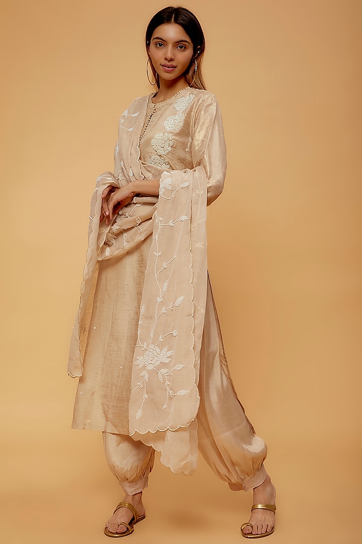 Beige Jute Georgette Embroidered Kurta Set by Aura Kreations