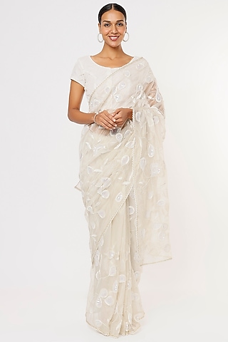 Off-White Embroidered Saree Set by Aura Kreations