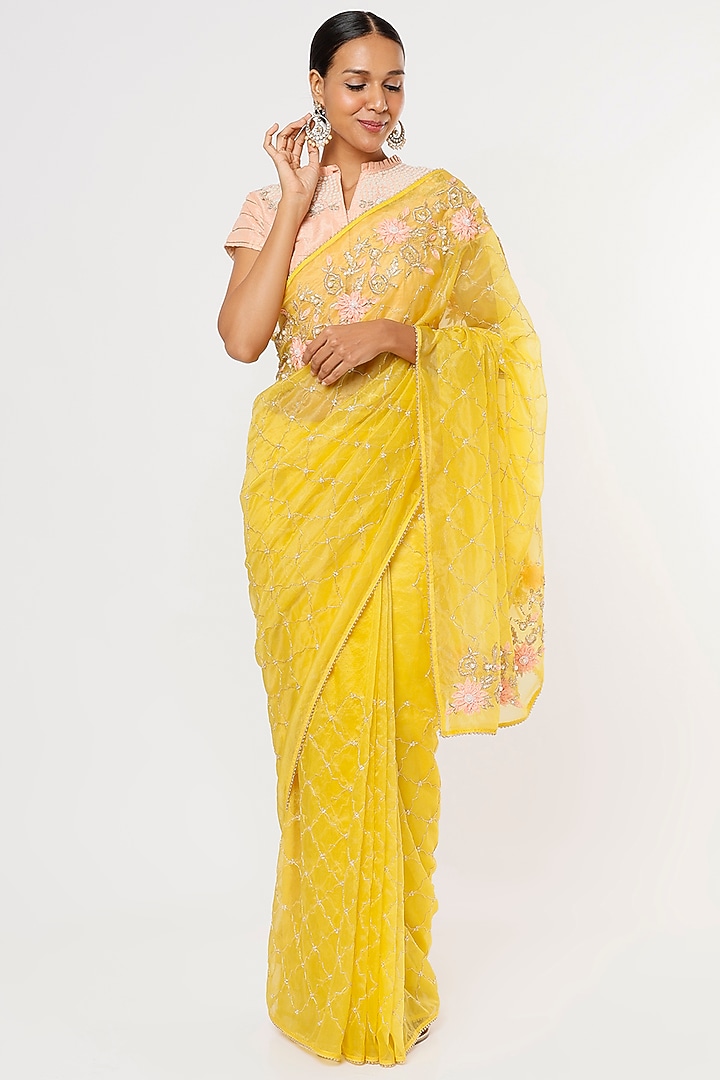 Yellow Organza Embroidered Wedding Saree Set by Aura Kreations at Pernia's Pop Up Shop
