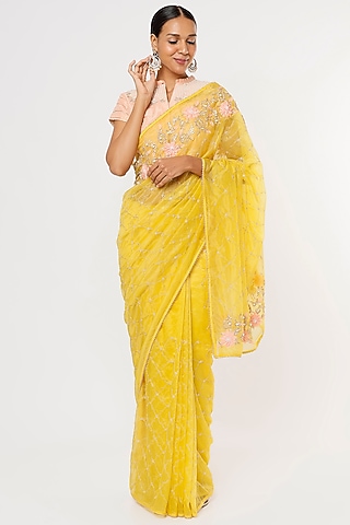 Yellow Organza Embroidered Saree Set by Aura Kreations