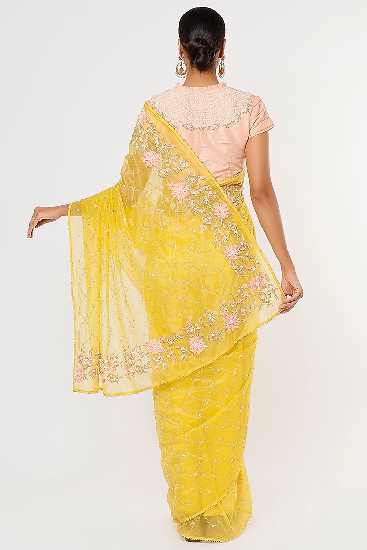 Yellow Organza Embroidered Wedding Saree Set by Aura Kreations at Pernia's Pop Up Shop