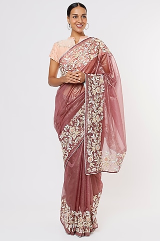 Purple Embroidered Saree Set by Aura Kreations