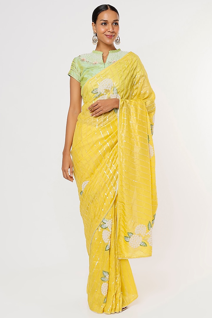 Yellow Embroidered Saree Set by Aura Kreations