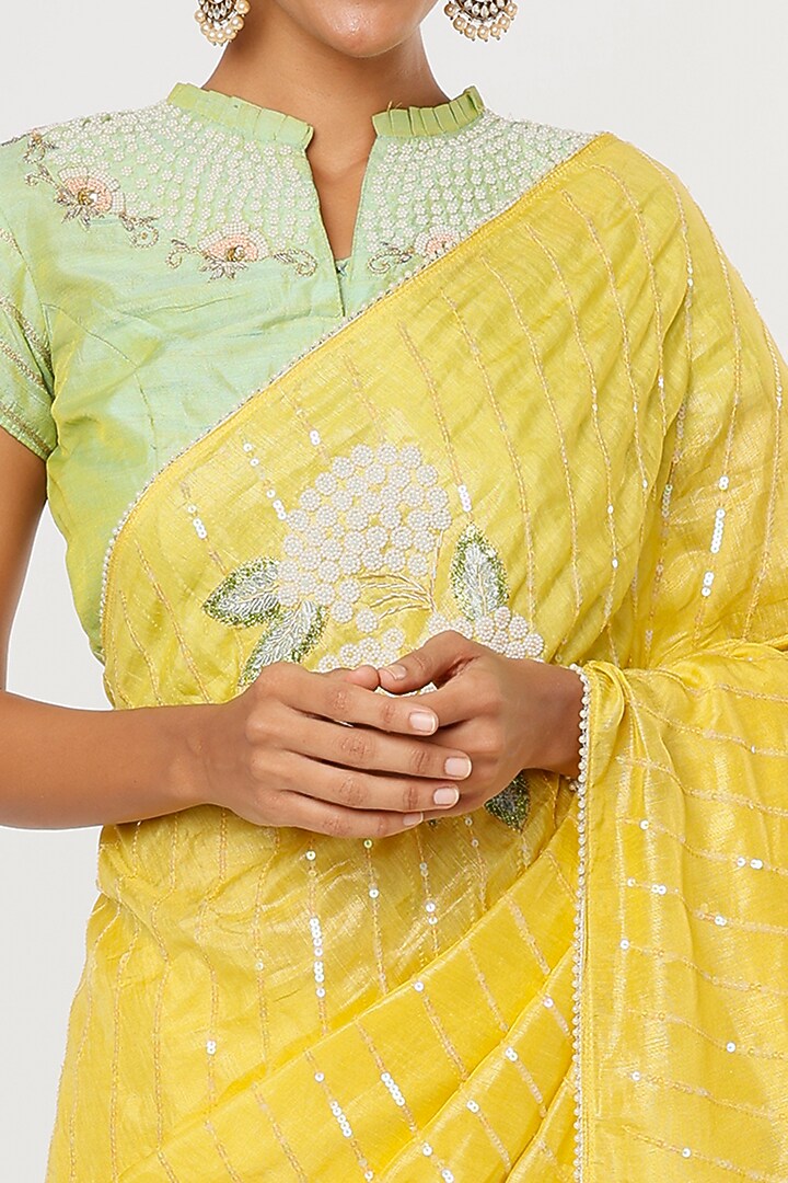 Yellow Embroidered Wedding Saree Set by Aura Kreations at Pernia's Pop Up Shop