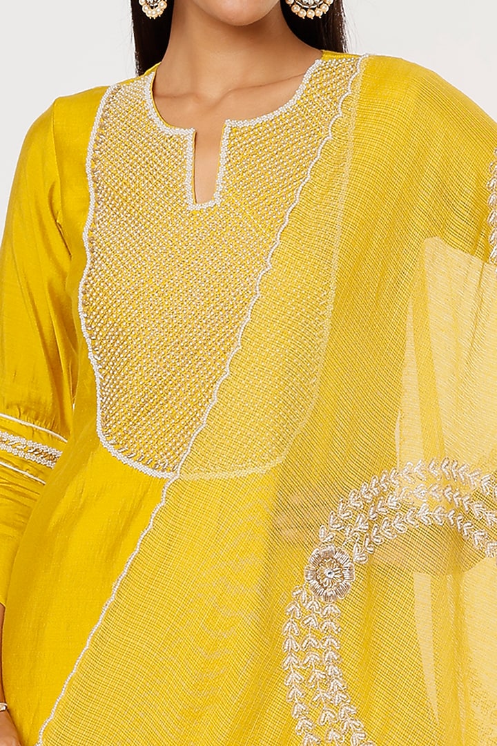 Yellow Chanderi Embroidered Kurta Set by Aura Kreations at Pernia's Pop Up Shop