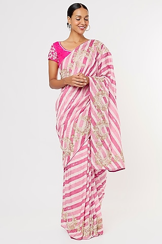 Pink Embroidered Saree Set by Aura Kreations