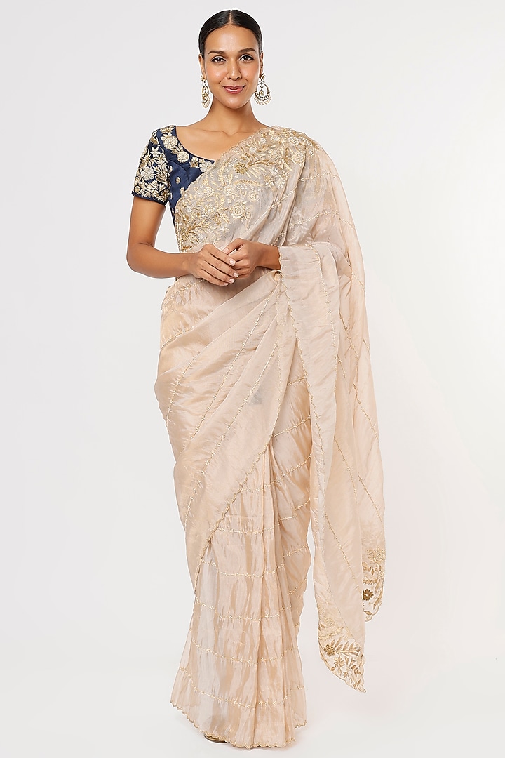 Rose Gold Embroidered Wedding Saree Set by Aura Kreations at Pernia's Pop Up Shop