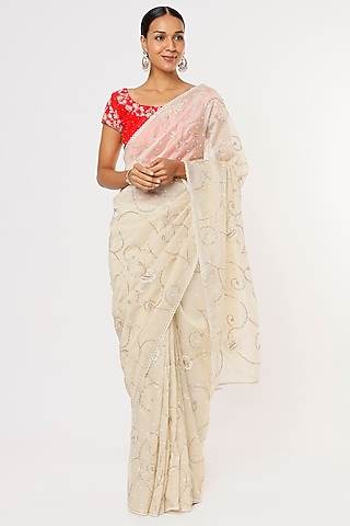 Off-White Tissue Hand Embroidered Saree Set by Aura Kreations