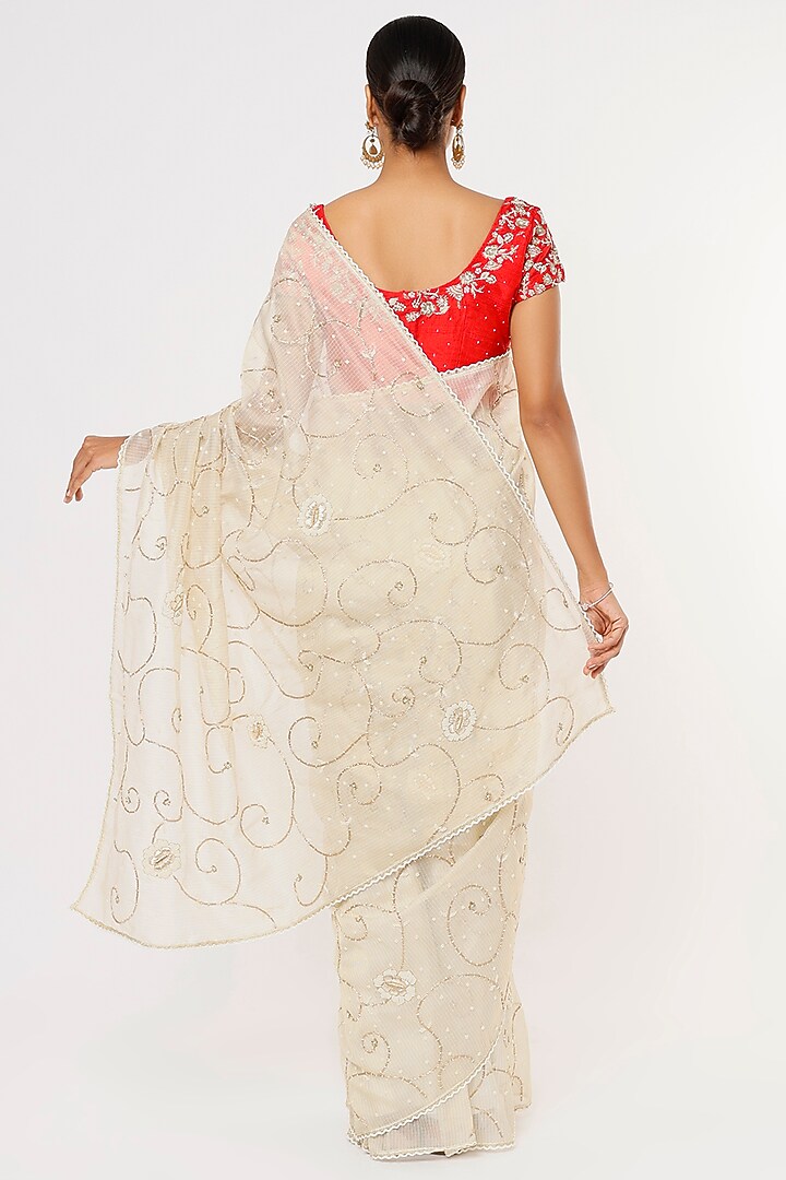 Off-White Tissue Hand Embroidered Wedding Saree Set by Aura Kreations at Pernia's Pop Up Shop