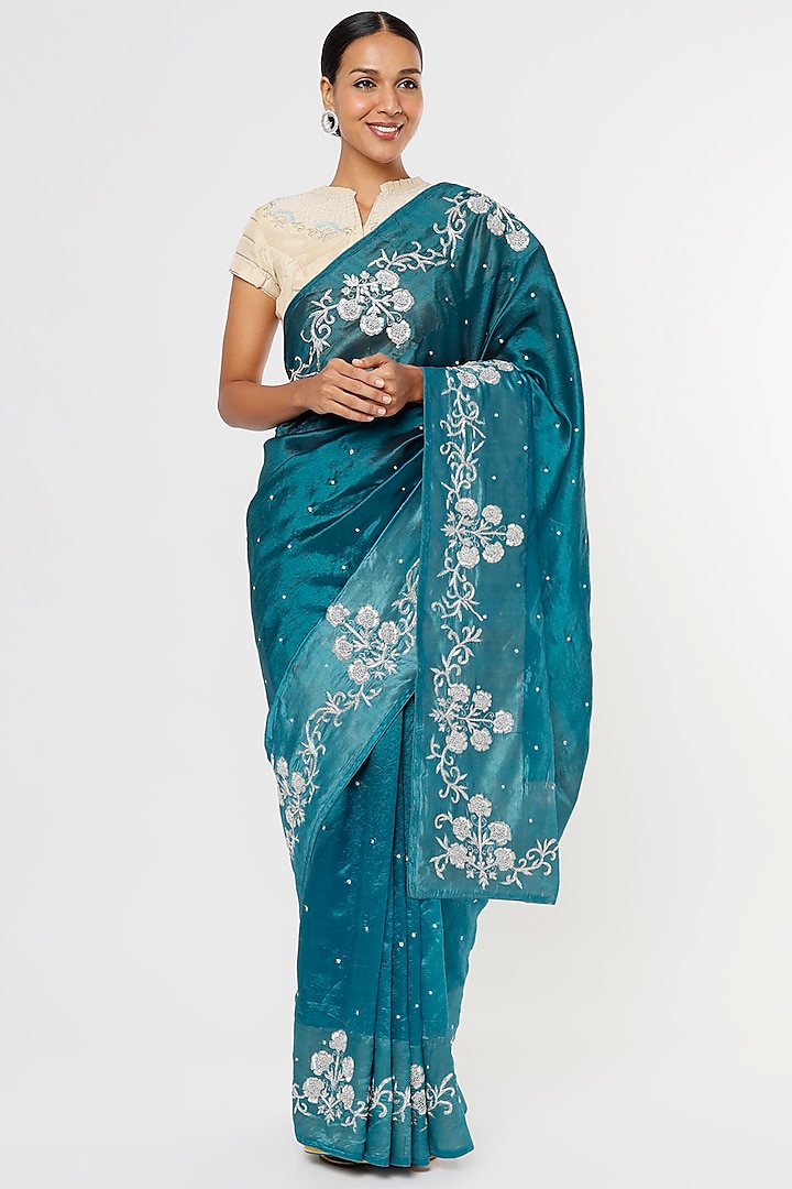 Blue Embroidered Saree Set by Aura Kreations